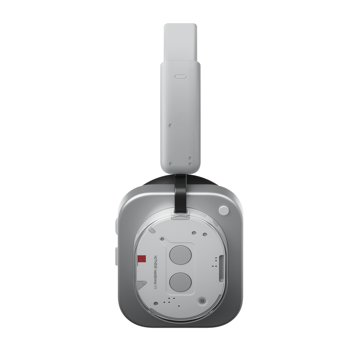 Słuchawki z białym pałąkiem, srebrnymi nausznicami i przezroczystym tłem, z tekstem na nauszniku.