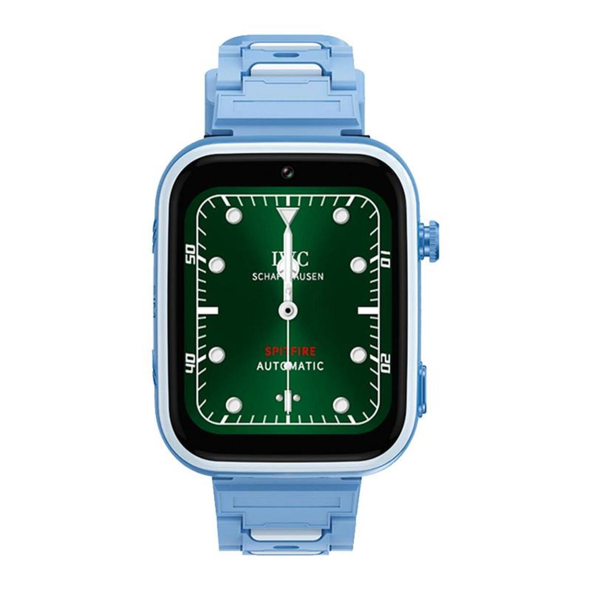 Un smartwatch azul con pantalla verde que muestra una esfera de reloj. Correa azul. Fondo blanco. Botón lateral.