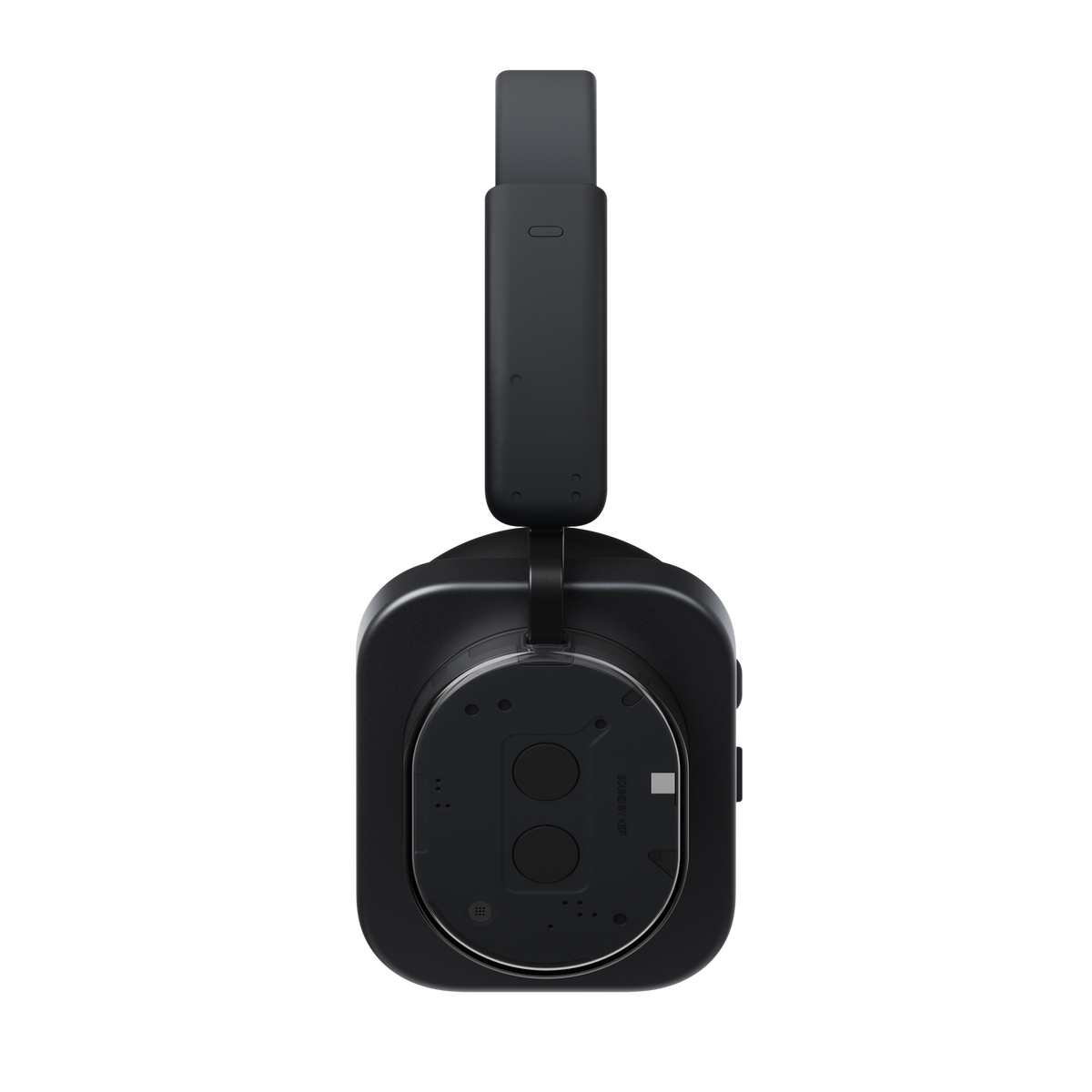 Czarne słuchawki, widok od dołu. Widoczne dwa czarne przyciski i tekst. Tło jest czarne.