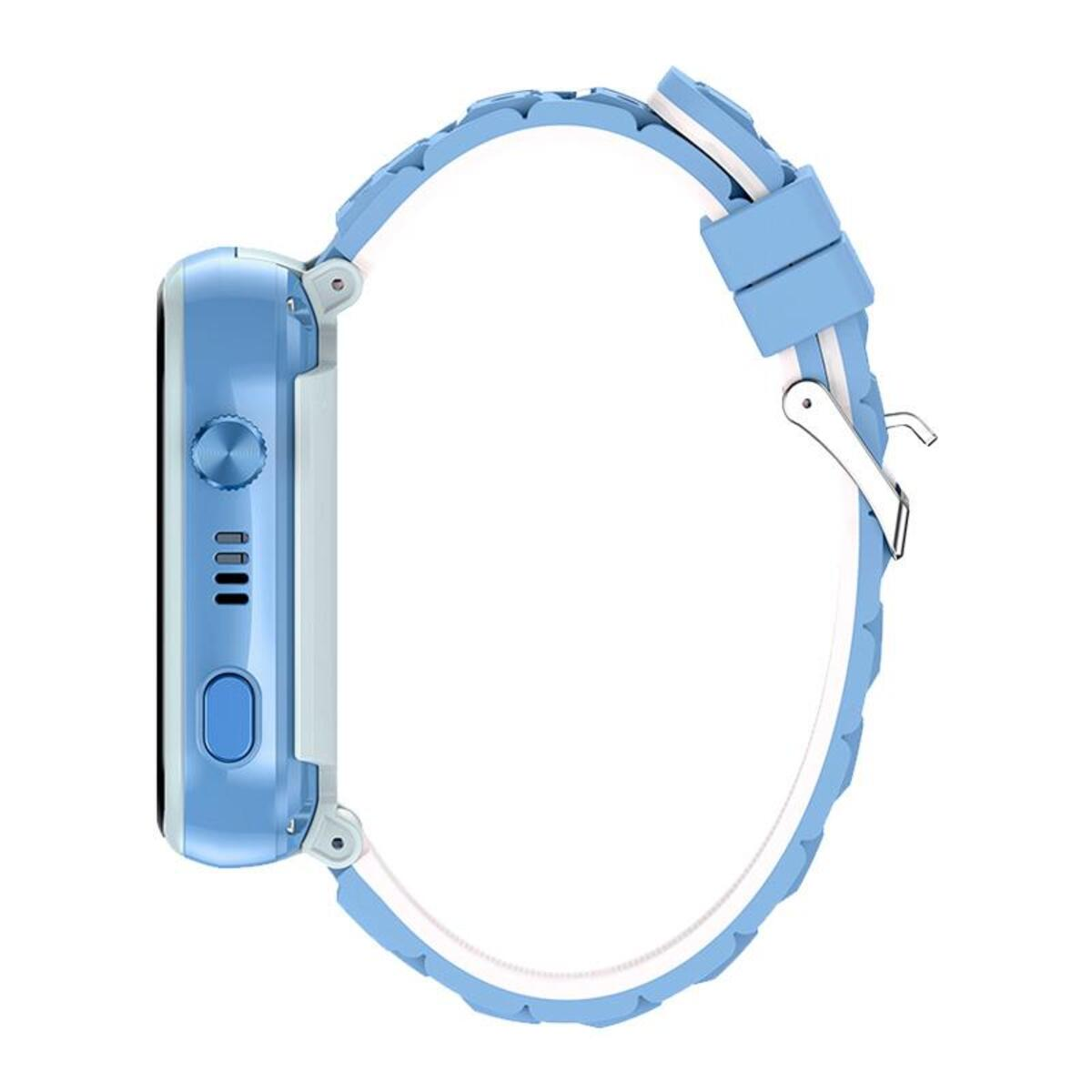 Smartwatch azul. Vista lateral. Correa azul con interior blanco. Fondo blanco. Botón y pines de carga.