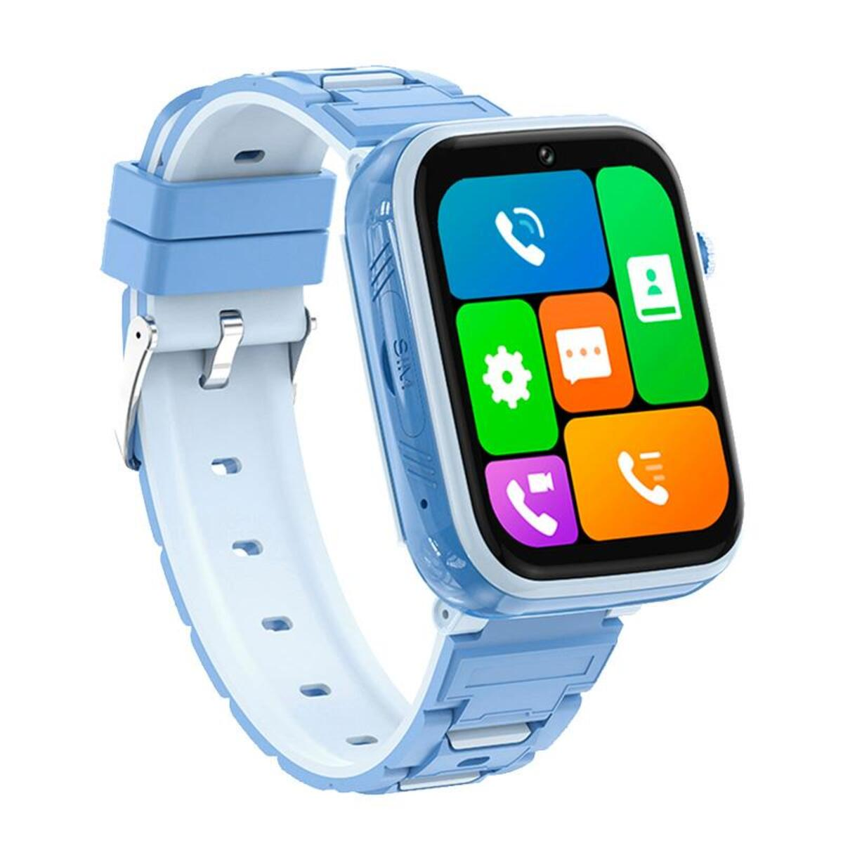 Smartwatch azul con pantalla rectangular que muestra iconos de aplicaciones coloridos. Correa blanca y azul. Fondo blanco.
