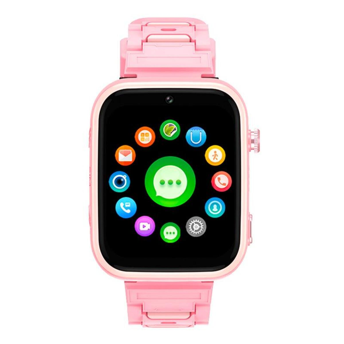 Reloj inteligente rosa. Pantalla negra con iconos de aplicaciones coloridos. Correa rosa. Vista frontal, primer plano.