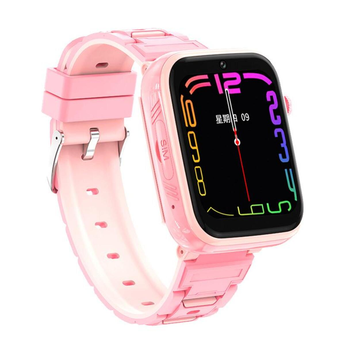 Reloj inteligente rosa que muestra la hora y la fecha, con una correa rosa.