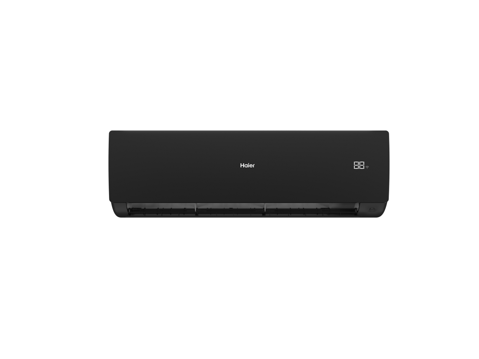 Aire acondicionado negro con pantalla digital.