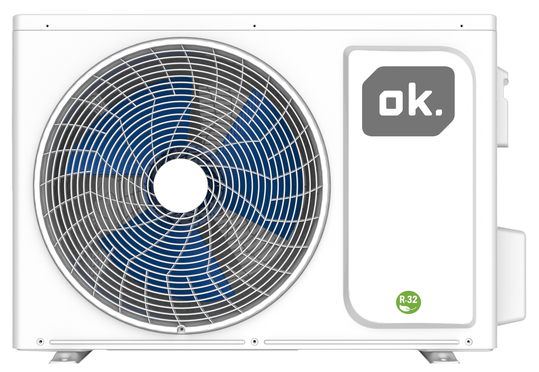Unidad de aire acondicionado blanca y gris con la marca OK. Ventilador azul visible.