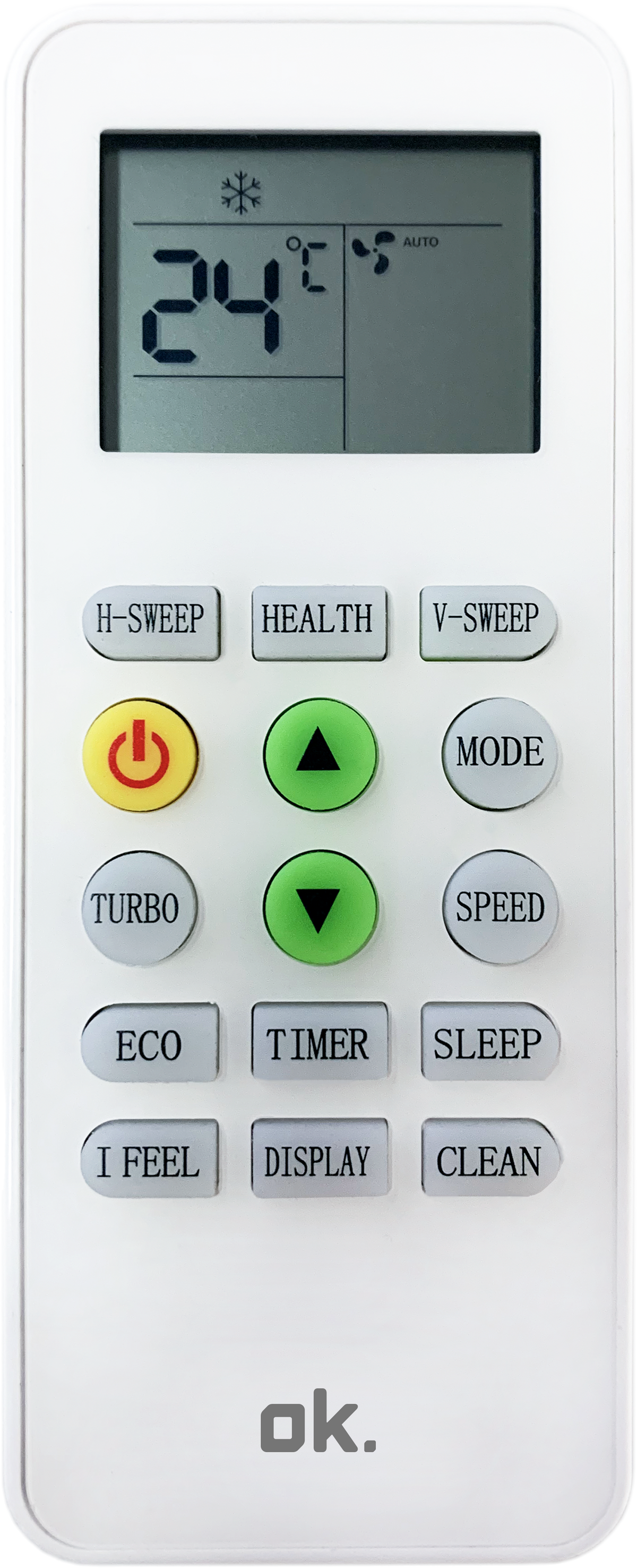 Mando a distancia ok. blanco para aire acondicionado. Tiene botones y pantalla digital.