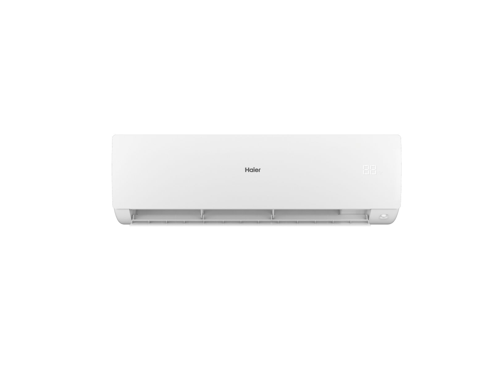 Aire acondicionado blanco Haier. La unidad muestra la marca y tiene una pantalla digital a la derecha.