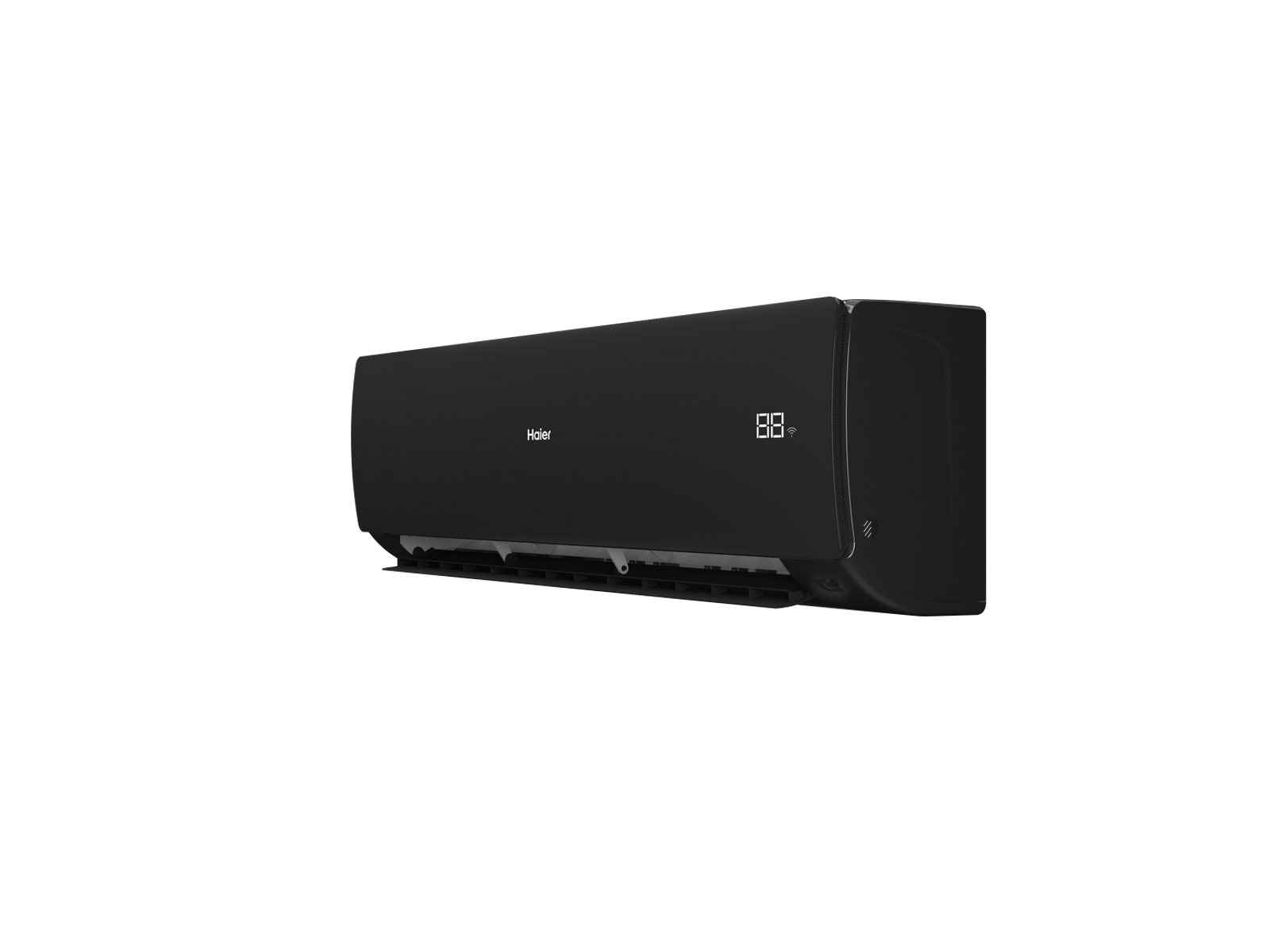 Aire acondicionado Haier negro. Muestra la marca y la pantalla digital a la derecha.