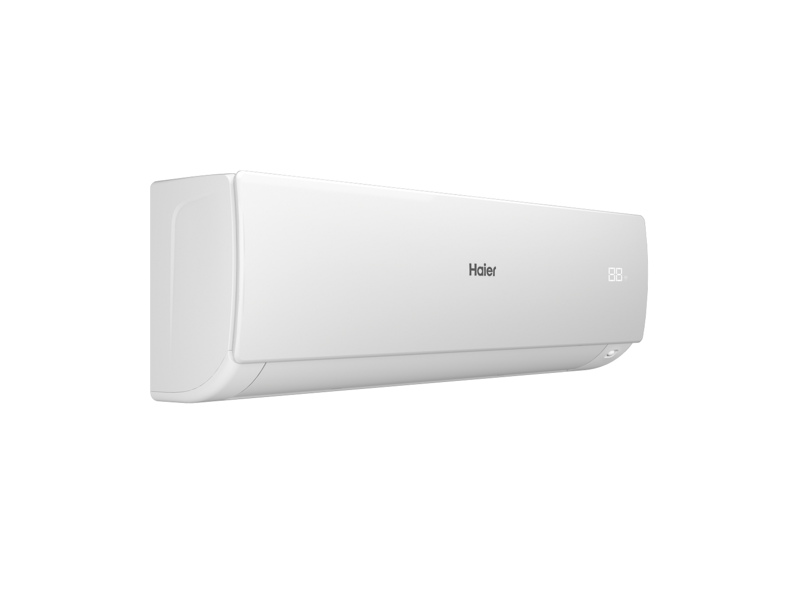 Aire acondicionado Haier blanco, vista en ángulo. Muestra la marca y la pantalla digital.