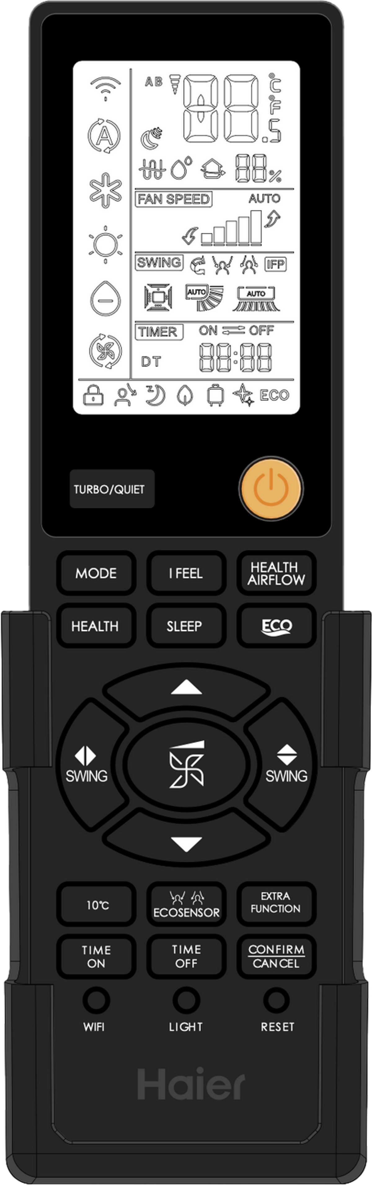 Mando a distancia negro para aire acondicionado Haier. Tiene botones y pantalla digital.