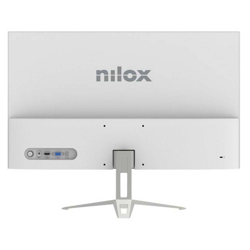 Retro di un monitor Nilox bianco. Ha varie porte, il marchio e un supporto.