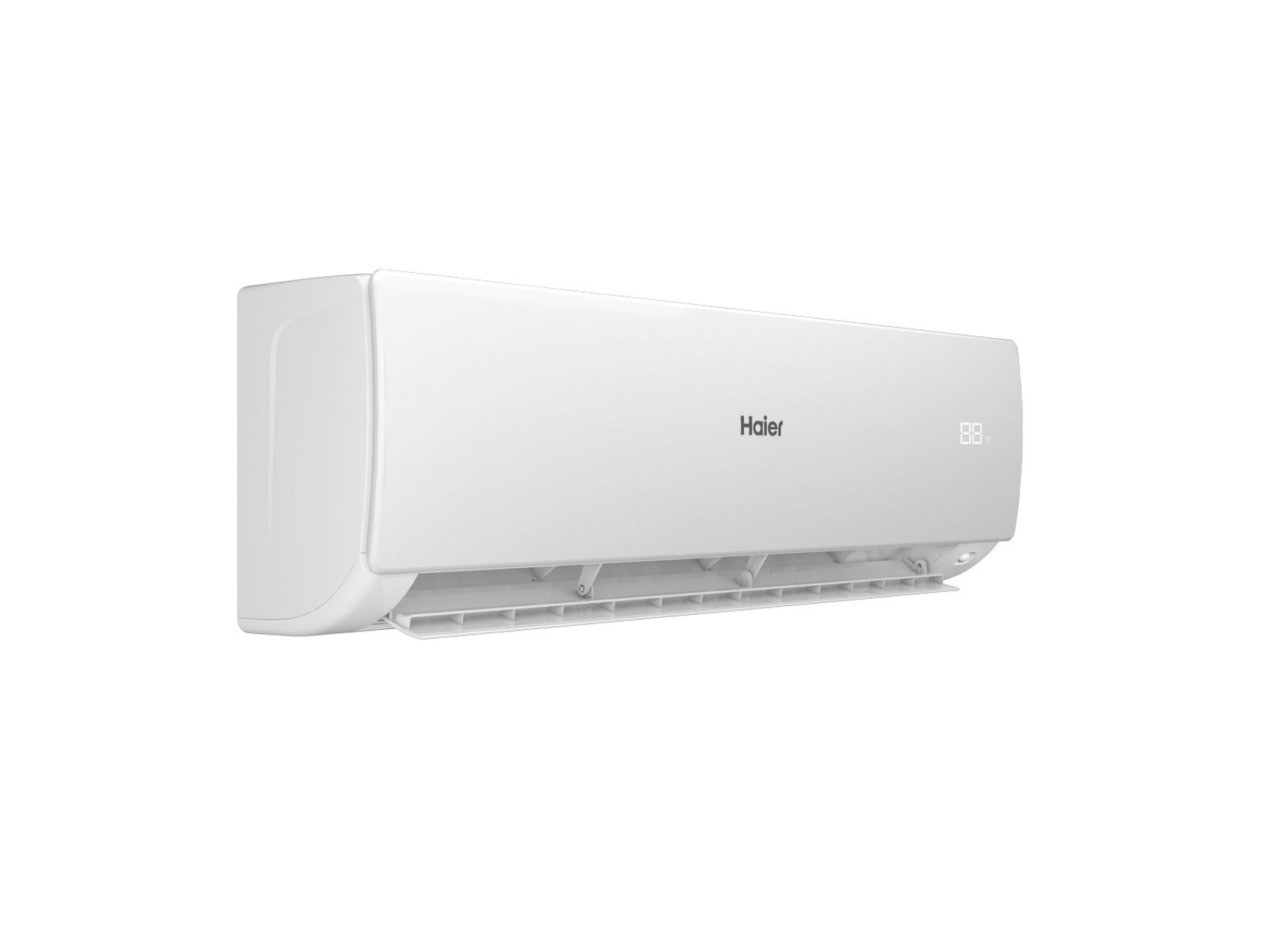 Aire acondicionado Haier blanco, vista en ángulo. Muestra la marca y la pantalla digital.