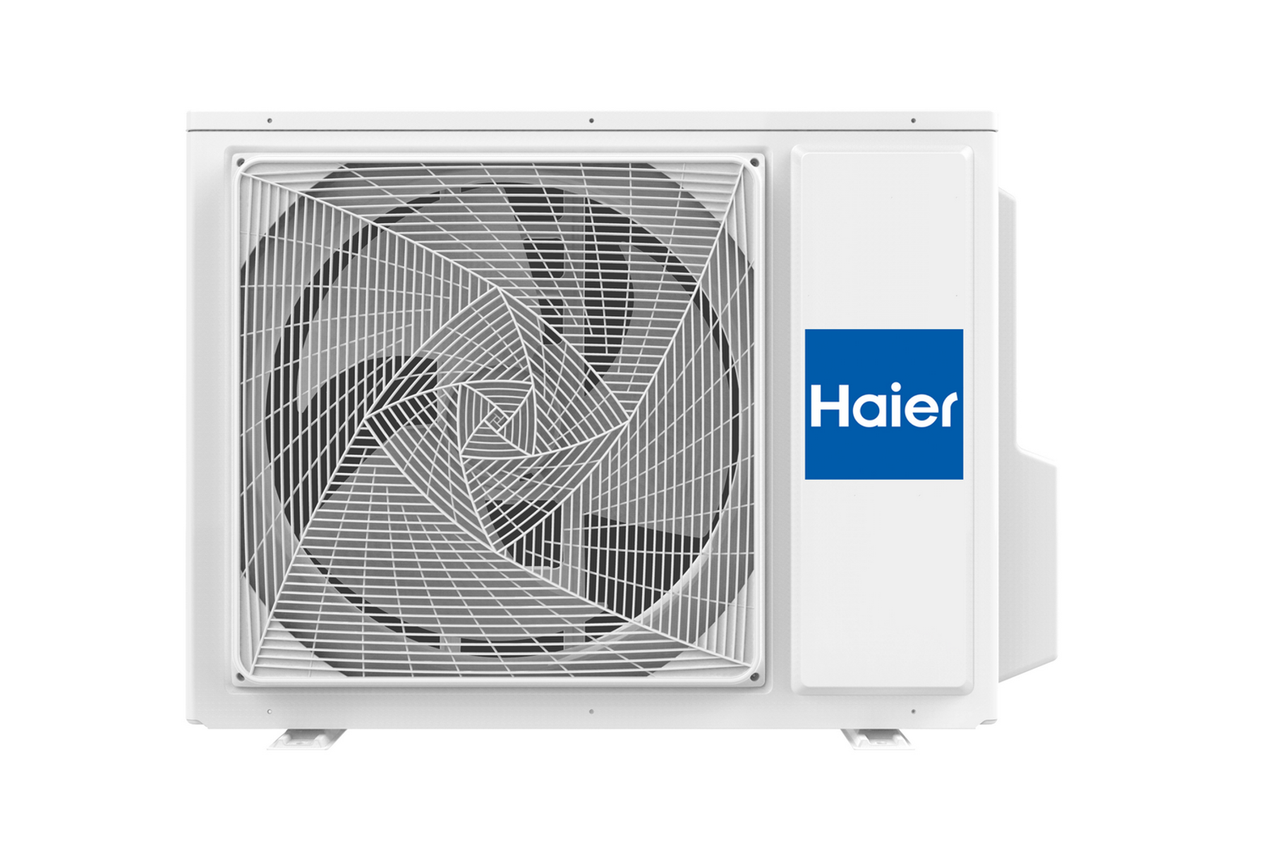 Unidad de aire acondicionado Haier blanca. Se ve el ventilador. La marca está a la derecha.
