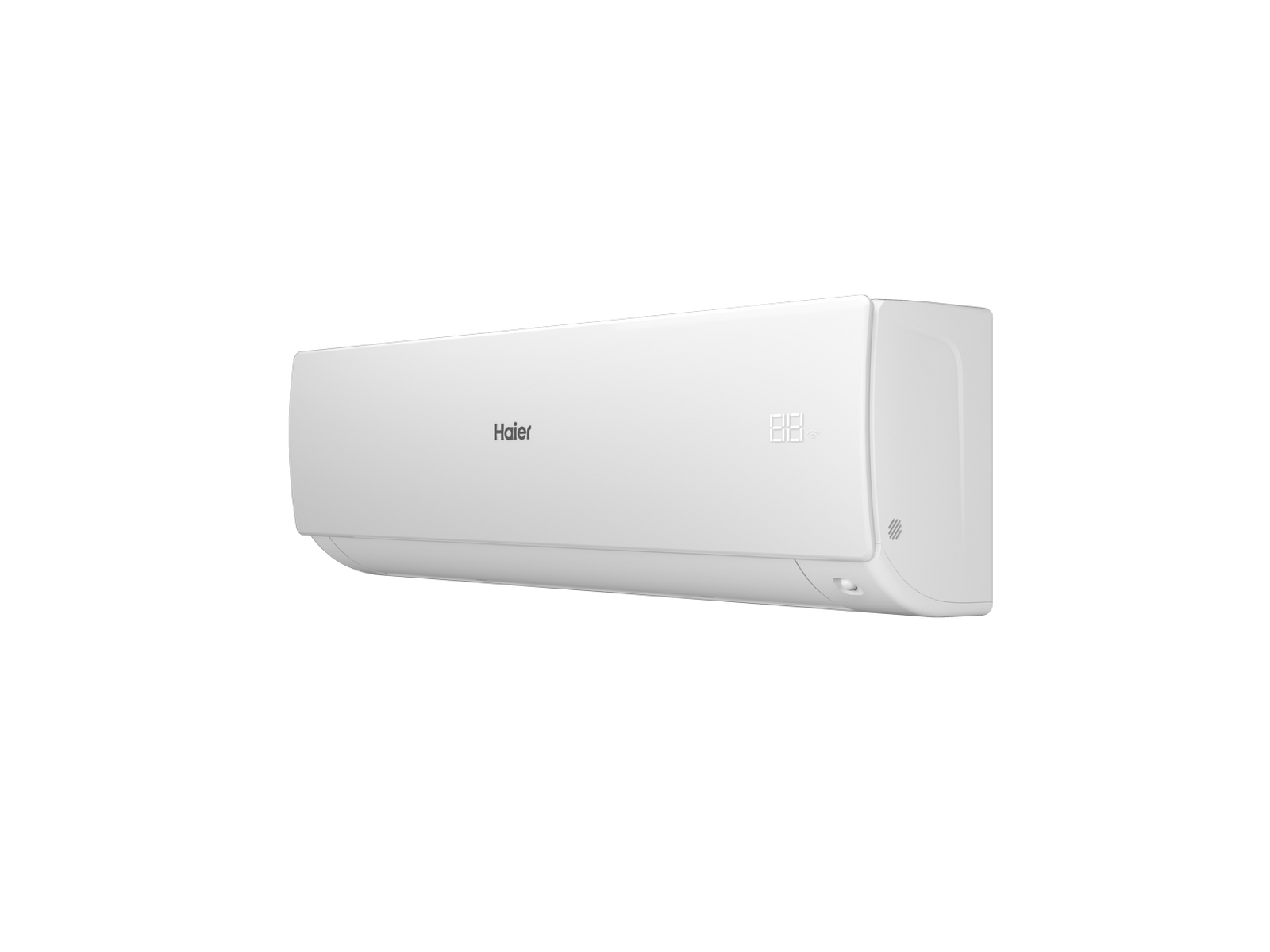 Un aire acondicionado Haier blanco está ligeramente inclinado, con una pantalla digital, sobre un fondo negro.