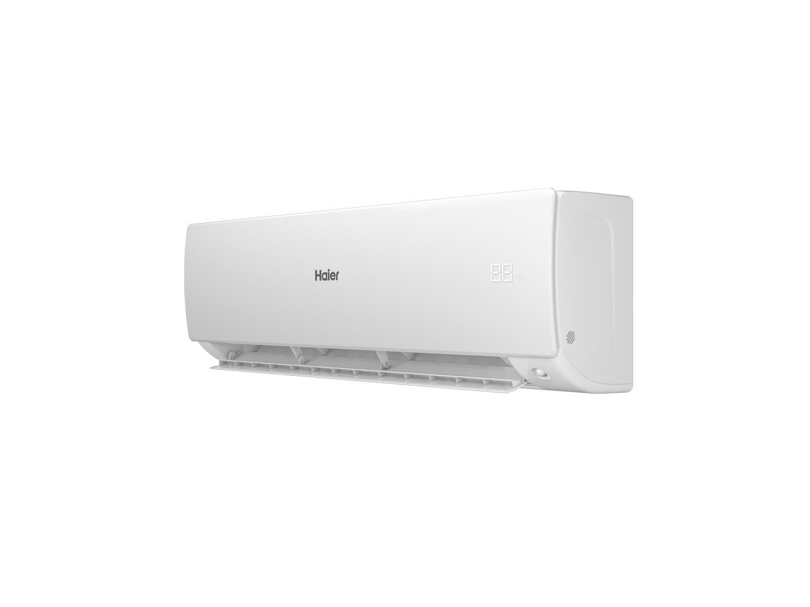 Un aire acondicionado Haier blanco está ligeramente inclinado, con una pantalla digital, sobre un fondo negro.