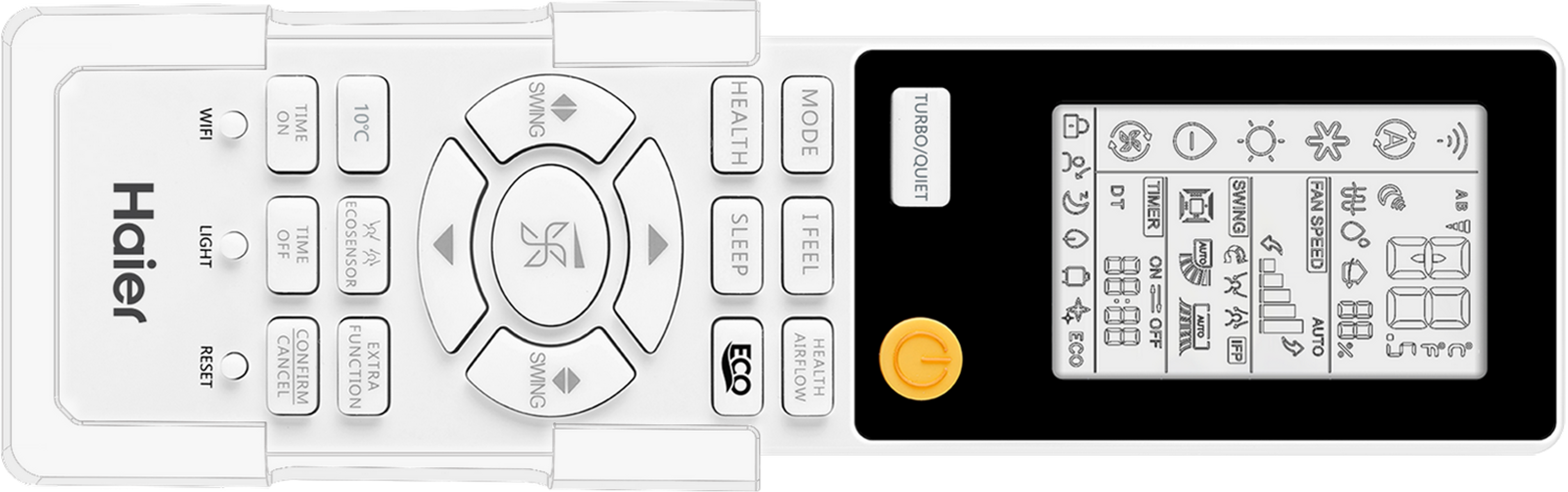 Un control remoto blanco para un aire acondicionado Haier con múltiples botones y una pantalla para ajustes.