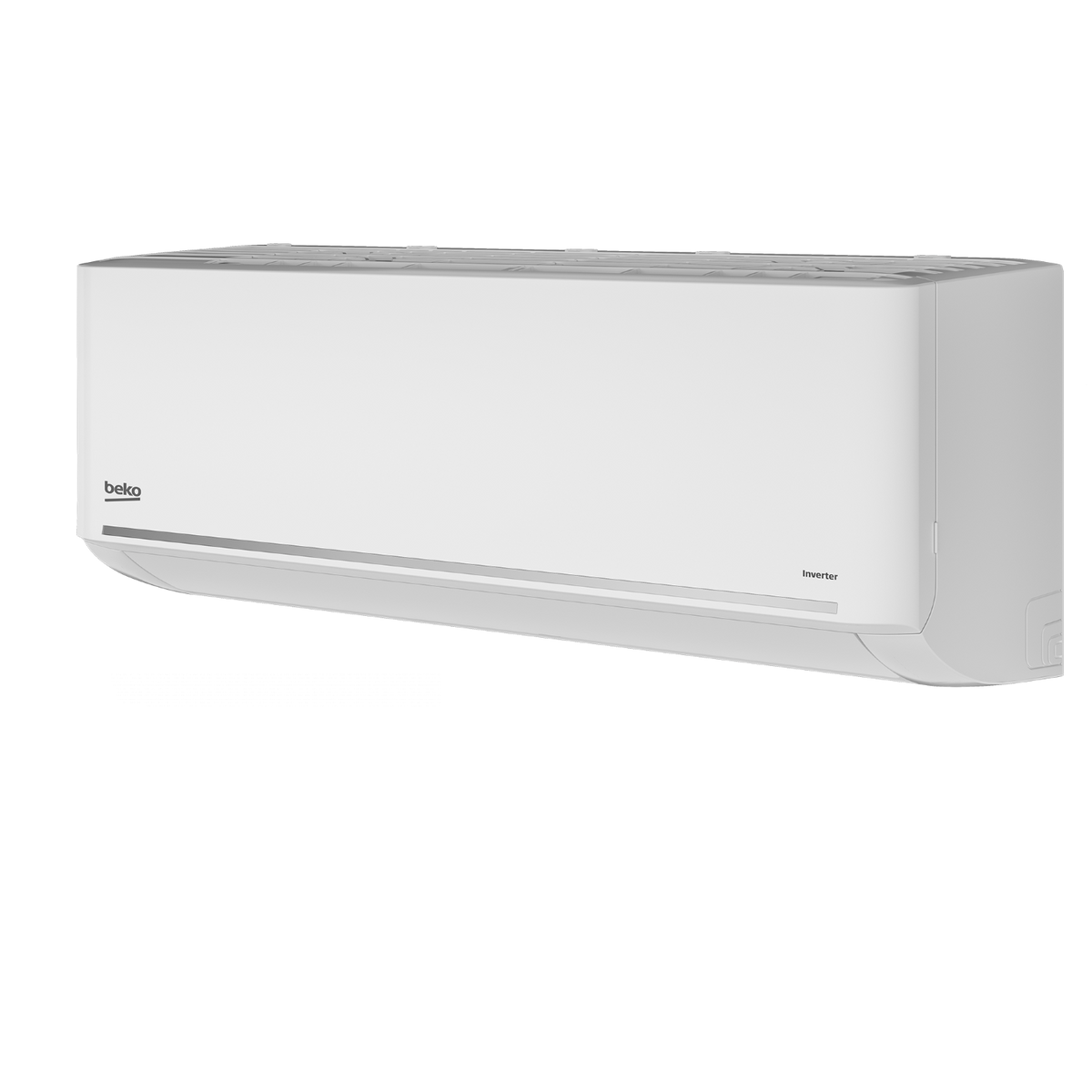 Un aire acondicionado Beko blanco, en ángulo sobre un fondo negro, que muestra su diseño elegante y moderno.