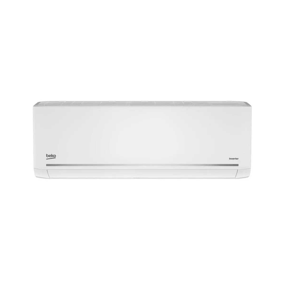 Un aire acondicionado Beko blanco con un diseño elegante y moderno centrado sobre un fondo blanco.