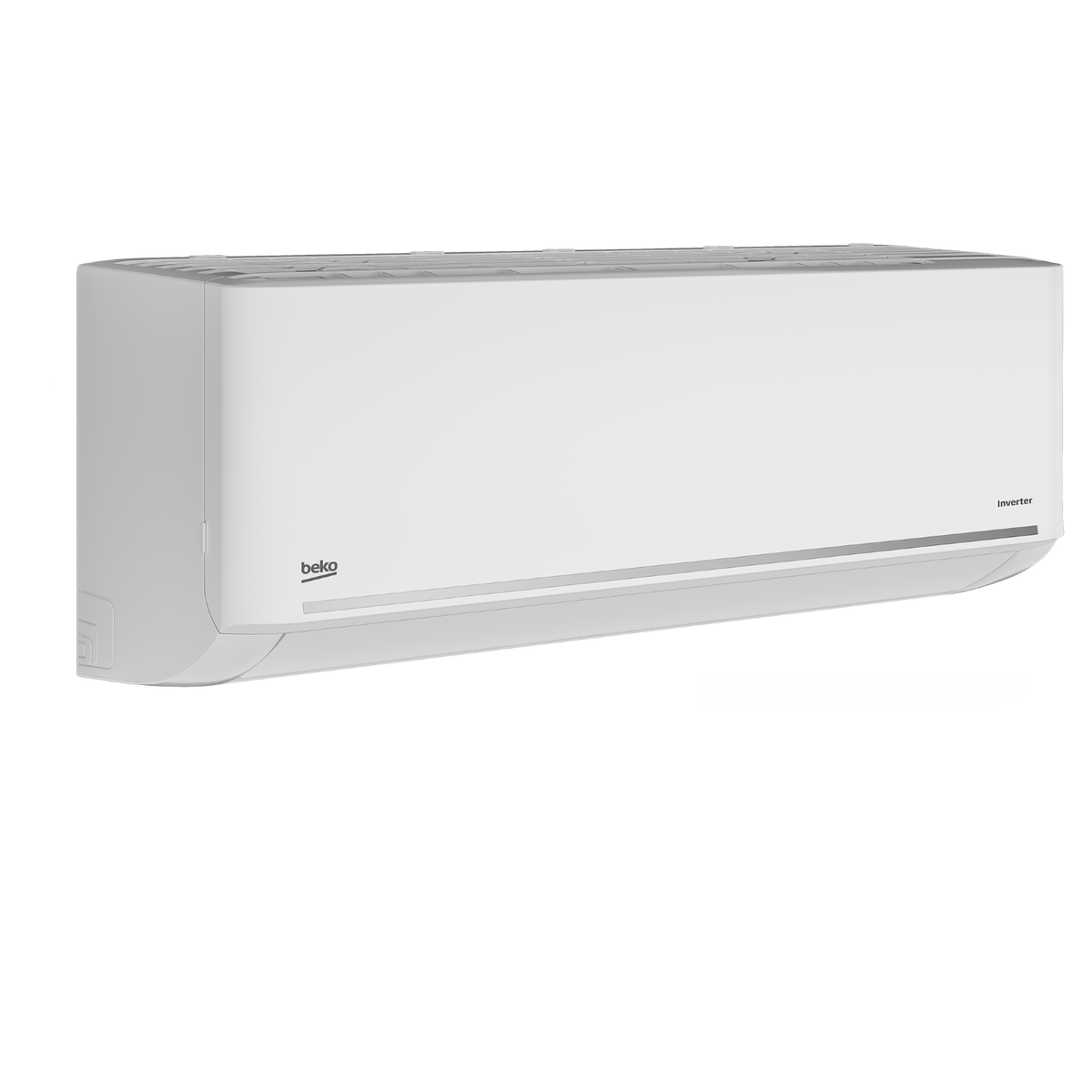 Un aire acondicionado Beko blanco con un diseño elegante, en ángulo contra un fondo negro, mostrando su perfil lateral.