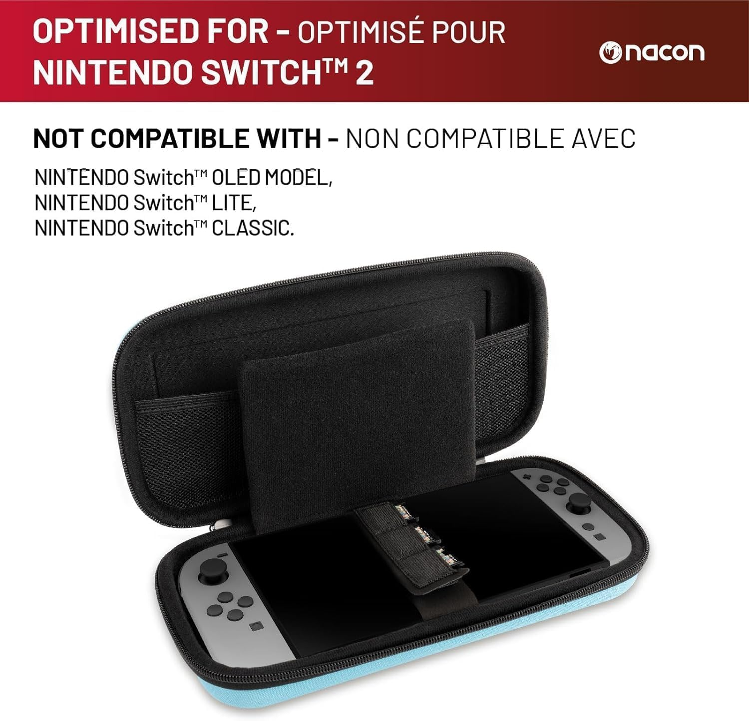 Funda de Nintendo Switch abierta, con la consola y accesorios dentro. Exterior azul claro e interior negro.