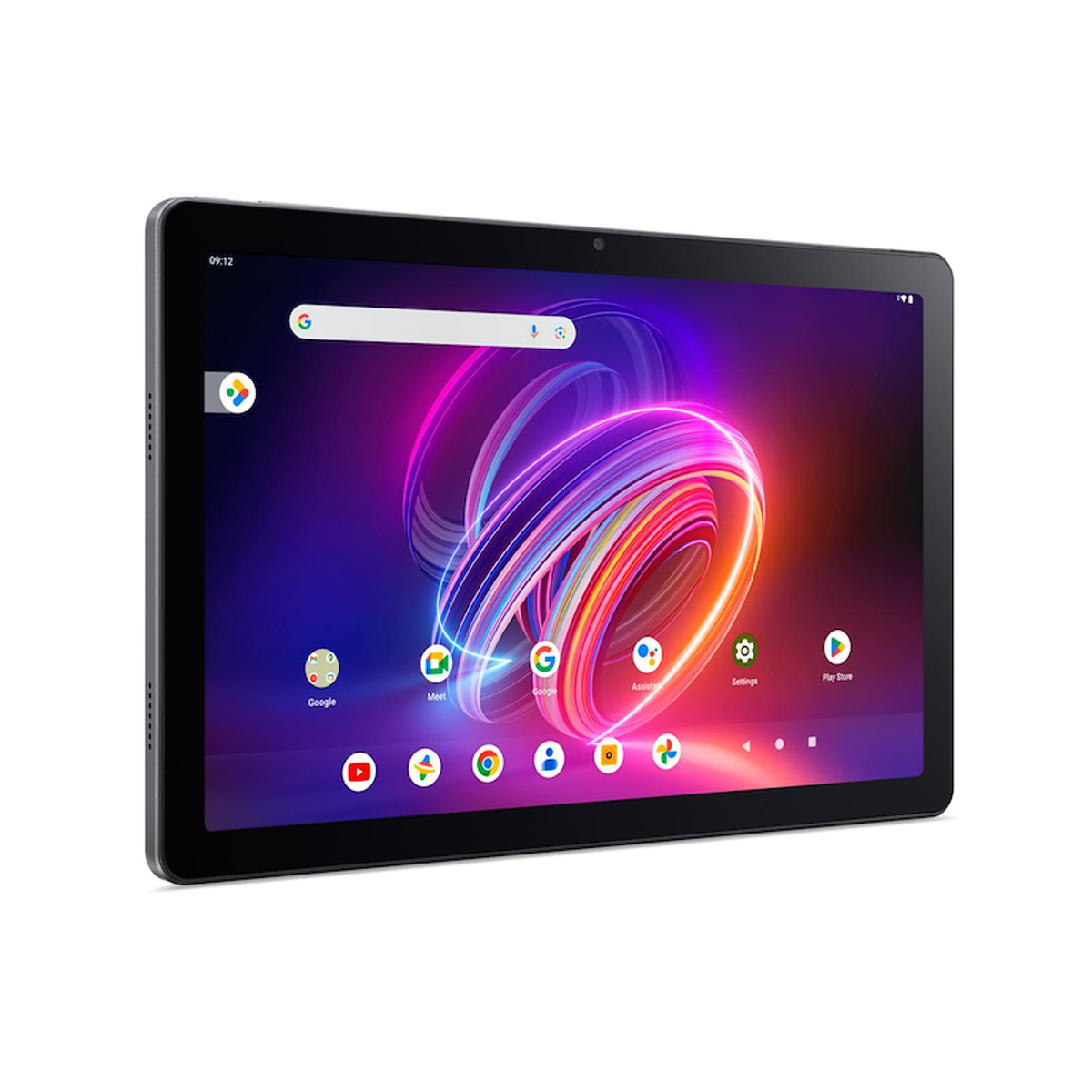 Tableta con una pantalla vibrante. Pantalla brillante con aplicaciones. Tableta negra con marco negro.
