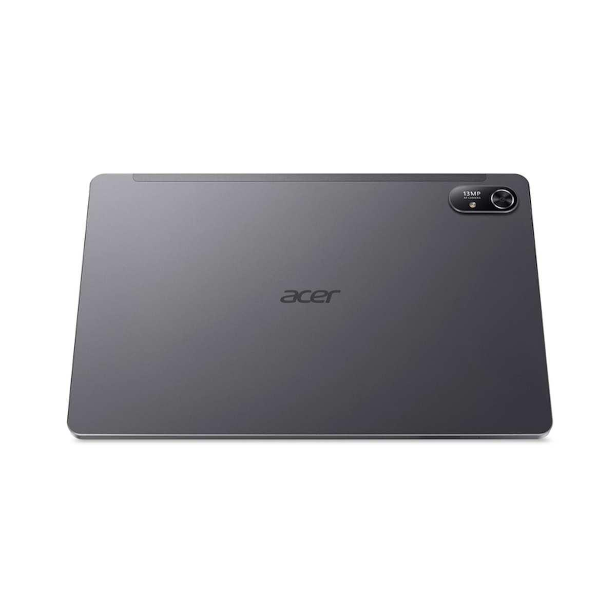 Parte trasera de una tableta gris oscuro. Logotipo de Acer en la parte inferior. Cámara en la esquina superior derecha.