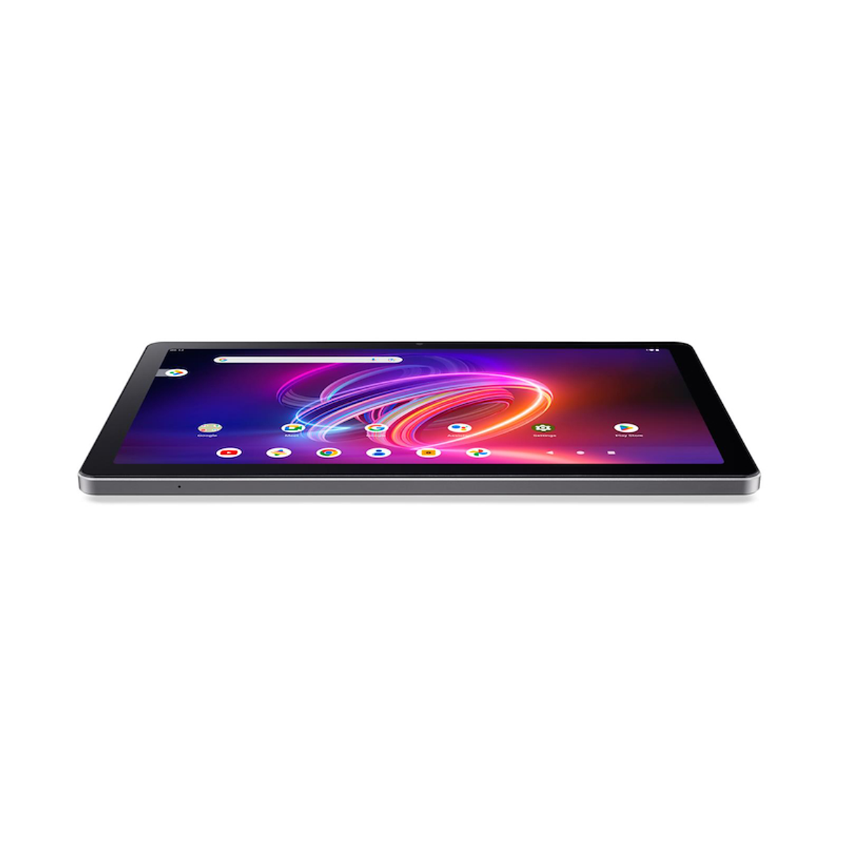 Tableta con pantalla brillante, marco negro, tumbada.