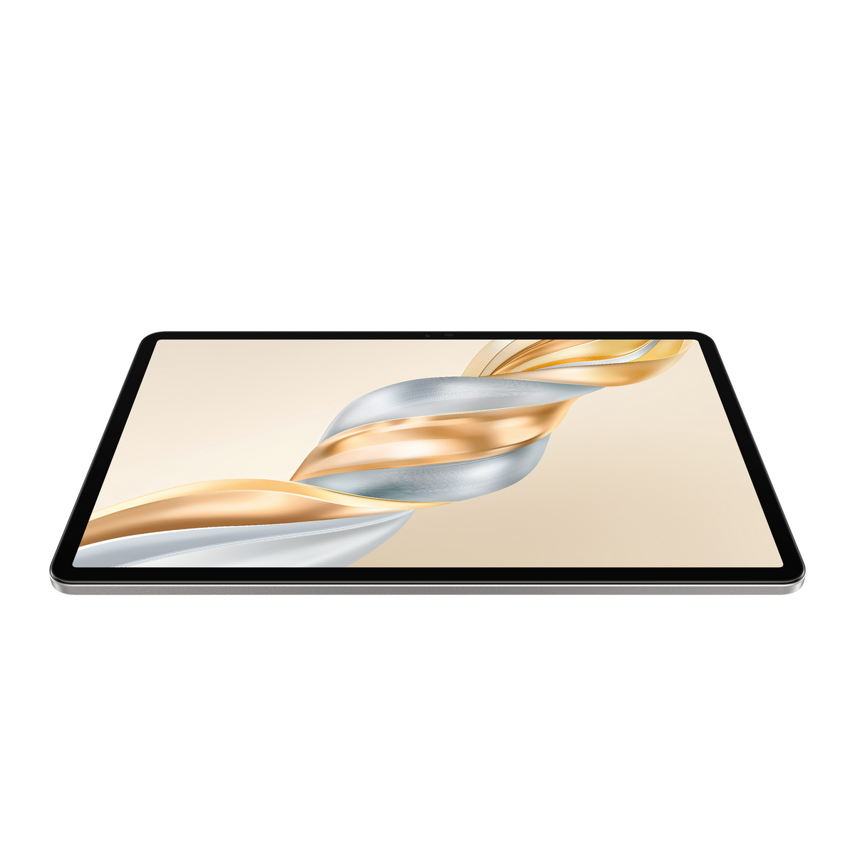 Wyświetlany jest tablet ze złotym, srebrnym i białym abstrakcyjnym wzorem na ekranie.