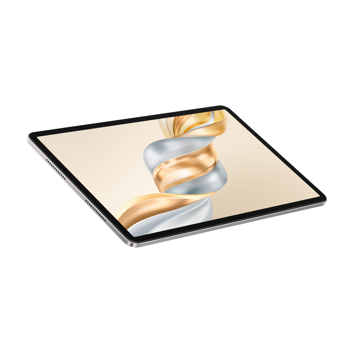 Tablet ze złotym i srebrnym wzorem na ekranie. Tablet ma czarną obudowę.
