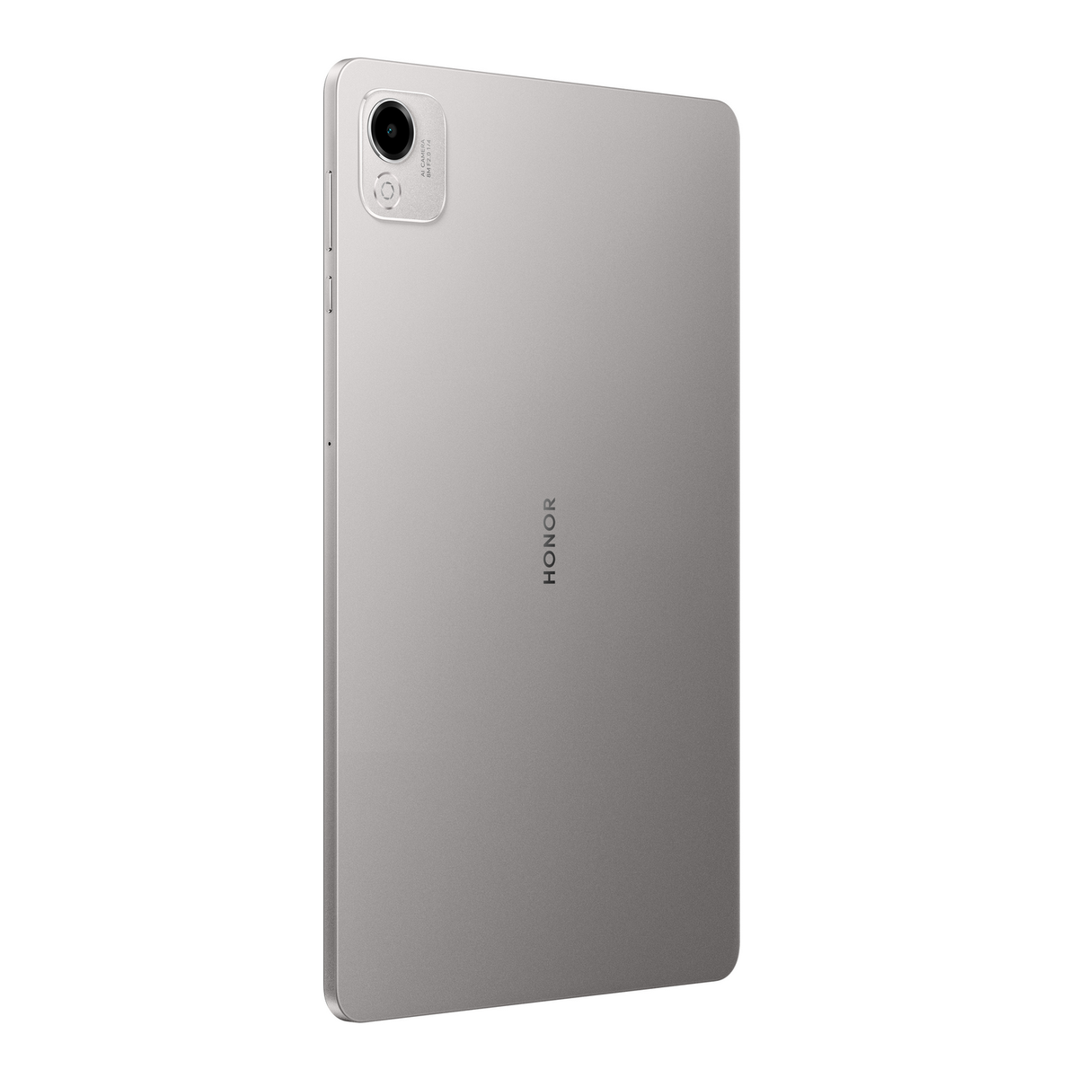 Szary tablet HONOR jest pokazany z boku, podkreślając jego elegancki wygląd i umieszczenie kamery.