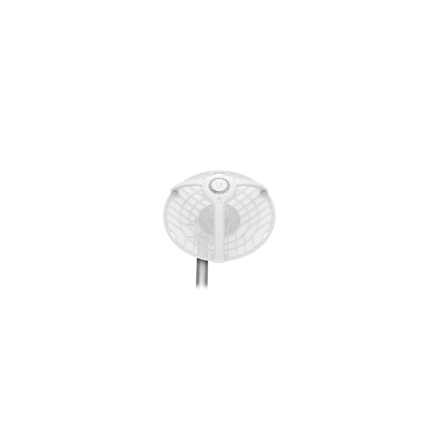 Antenna bianca con motivo circolare a griglia, su sfondo bianco.