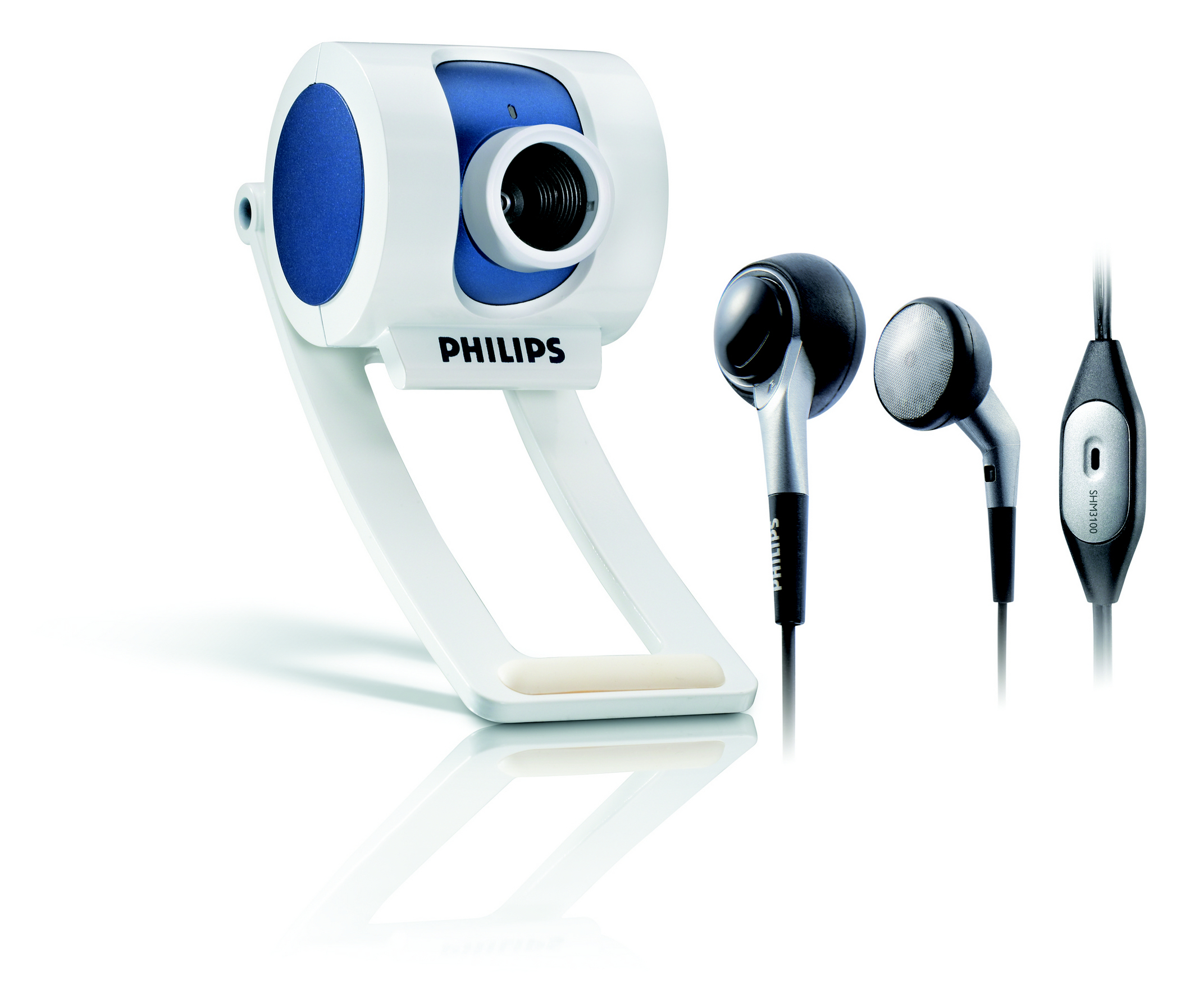 Webcam bianca e blu con cuffie. Il logo Philips è visibile sulla webcam e su una delle cuffie.