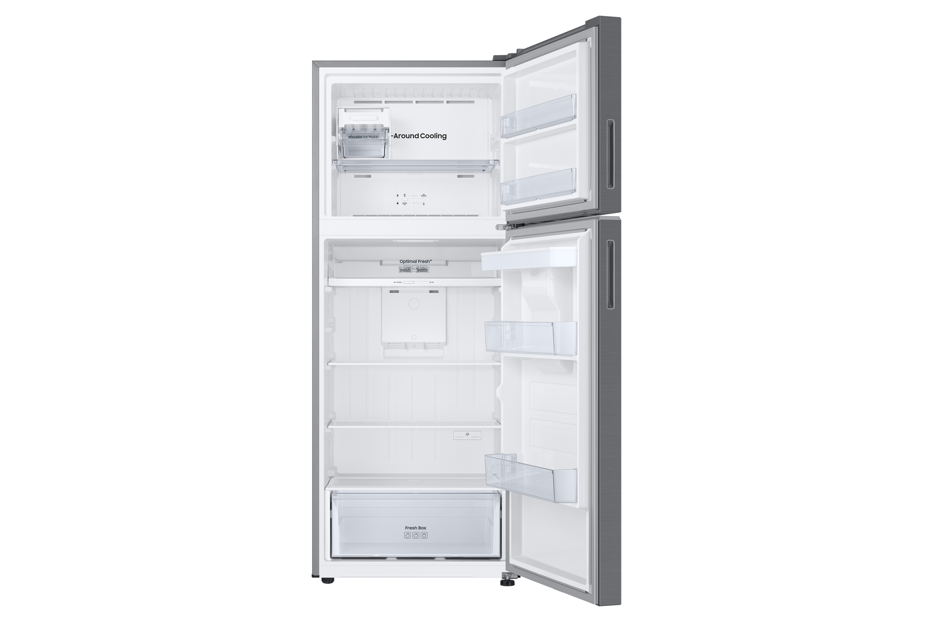 Frigorifero con porte aperte. All'interno ci sono scaffali con alimenti come verdure, frutta e prodotti confezionati.