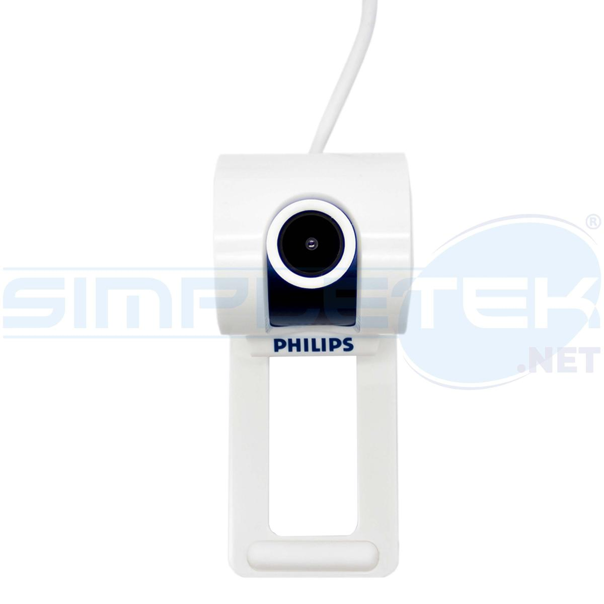 Webcam Philips bianca, lente nera, cavo bianco. Supporto bianco con logo Philips.