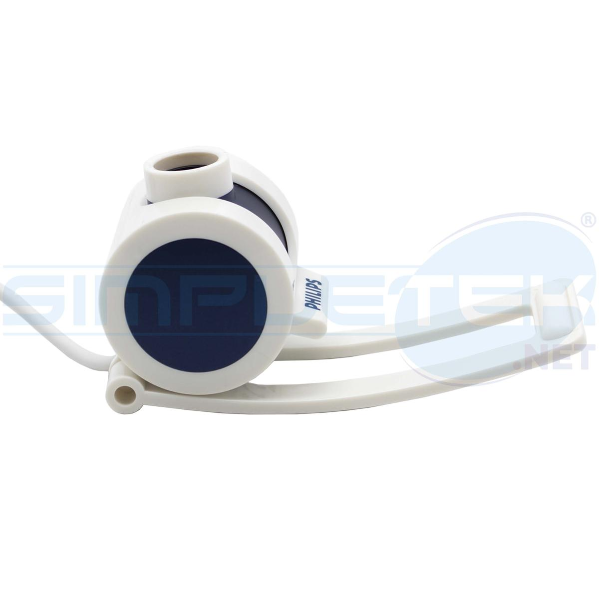 Webcam Philips bianca, dettagli blu navy e cavo bianco. La webcam è su una superficie bianca.