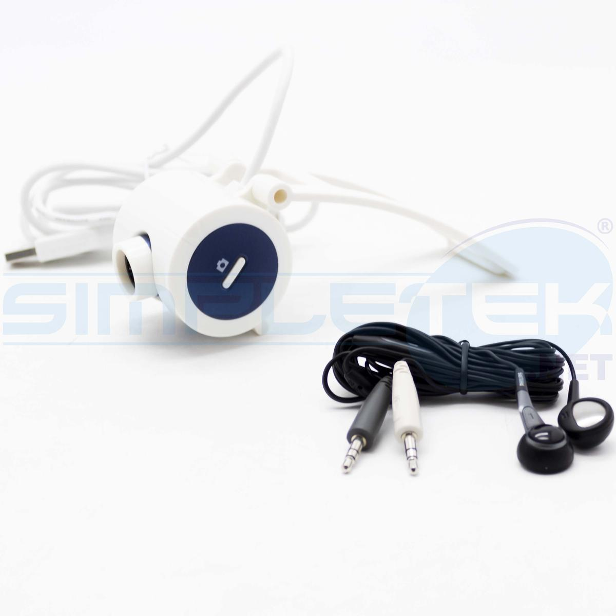 Webcam Philips bianca con dettagli blu e cuffie. Le cuffie hanno auricolari neri.