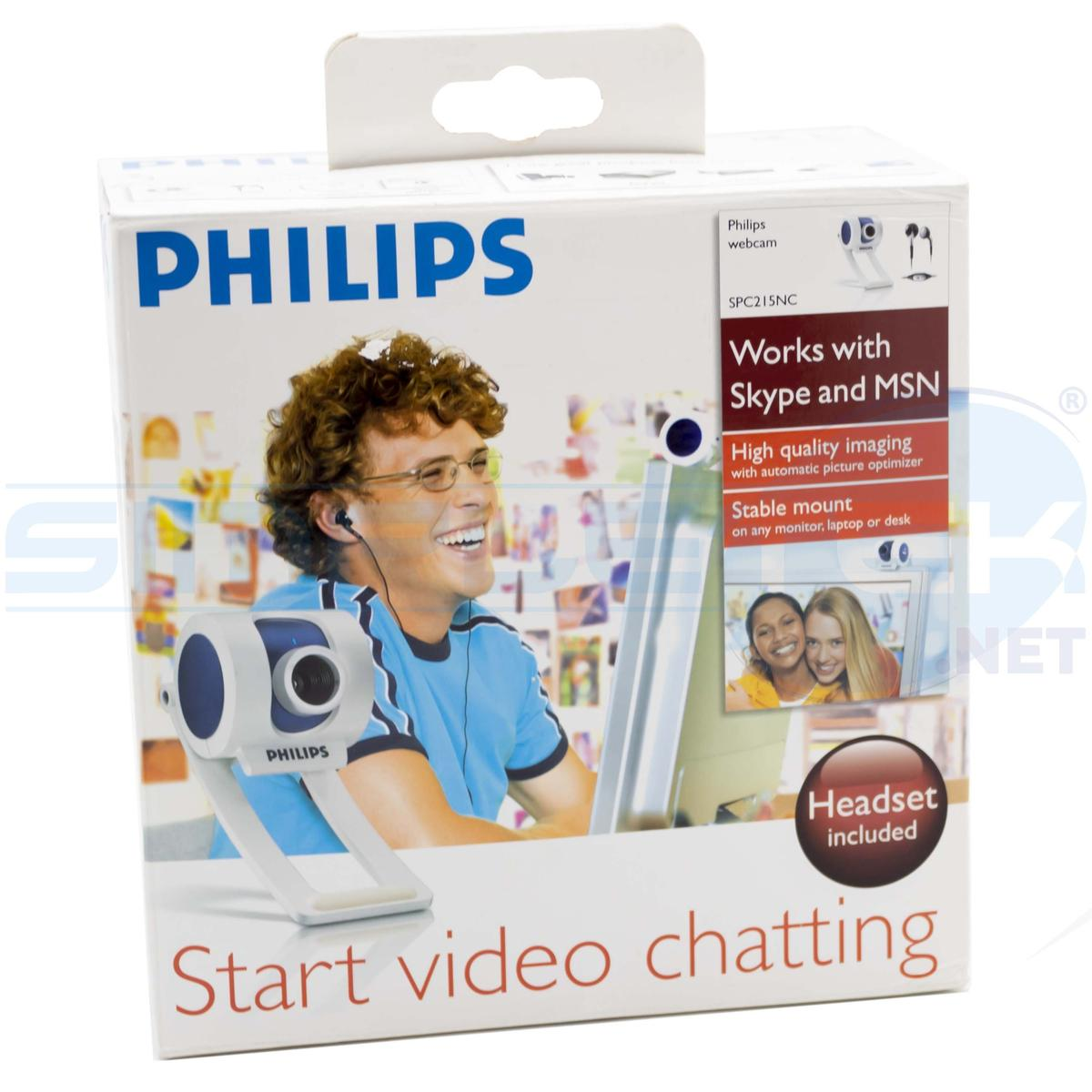 Scatola per una webcam Philips. Con l'immagine di un uomo e la webcam. Il testo include 'Start video chatting'.