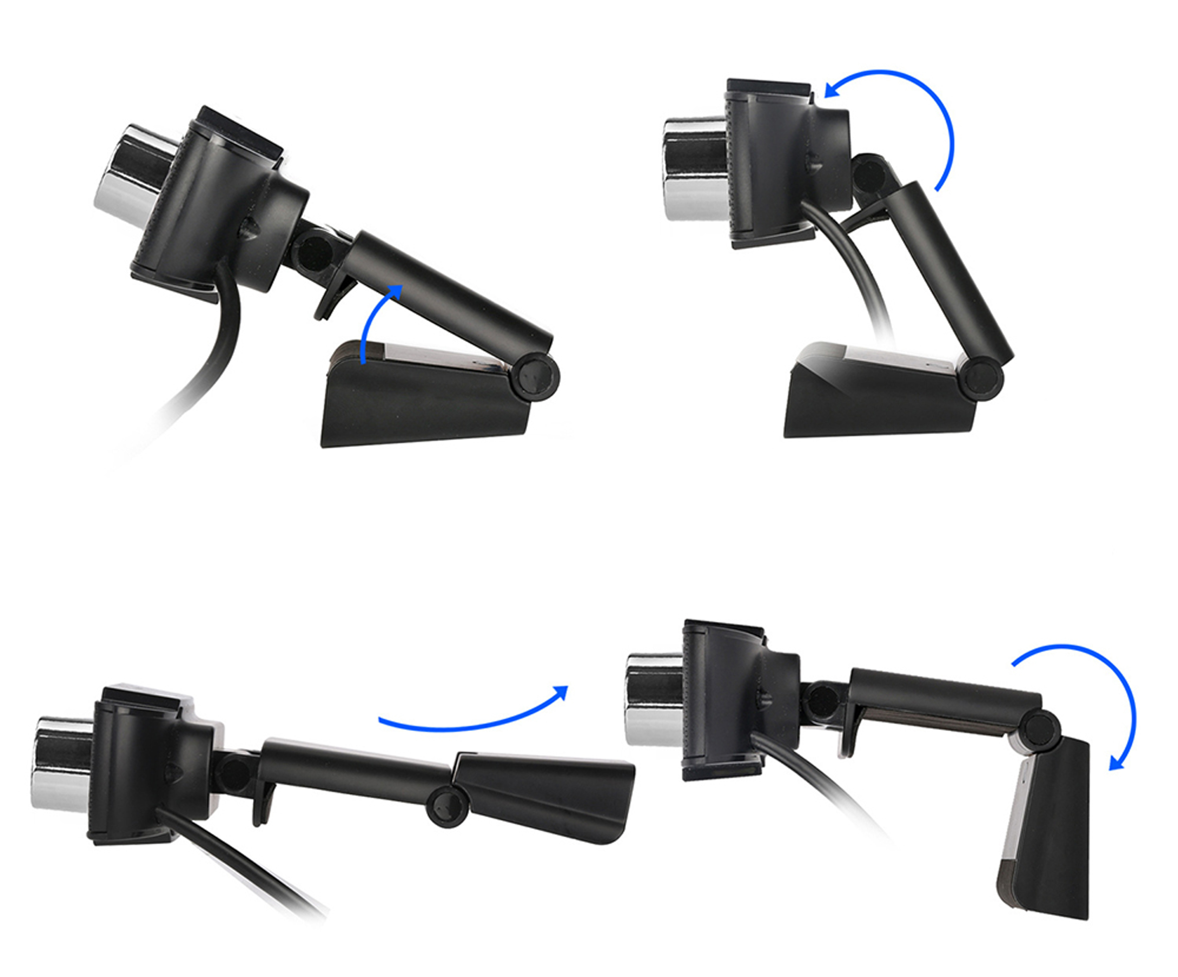 Quattro immagini che mostrano le diverse posizioni a cui una webcam può essere regolata.