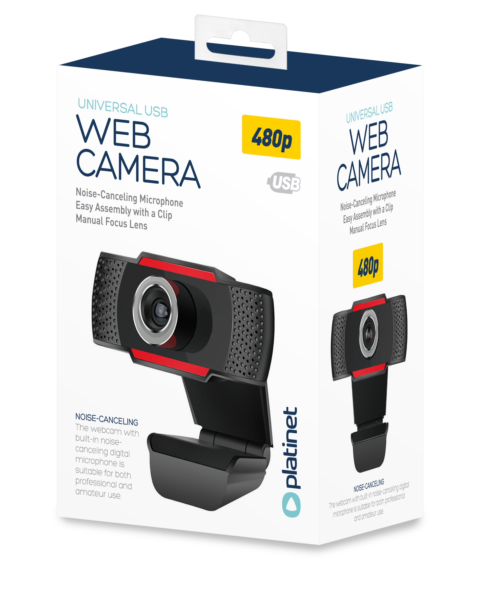 Scatola per una webcam. Sulla scatola è mostrata una webcam nera e rossa. Testo: 'Web Camera' e '480p'.