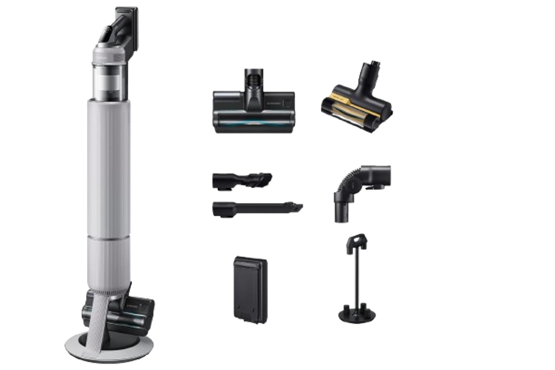 Biały odkurzacz bezprzewodowy z akcesoriami, stacją ładującą, głowicami czyszczącymi na czarnym tle.