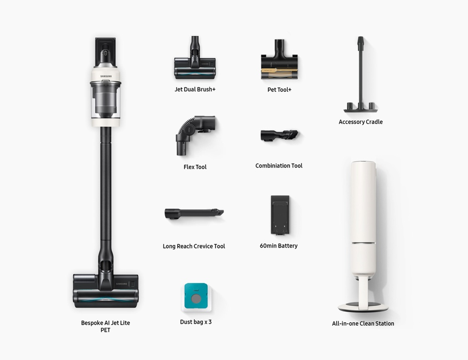 Odkurzacz bezprzewodowy z różnymi nasadkami na białym tle. Zawiera stację ładującą i dodatkowe narzędzia.