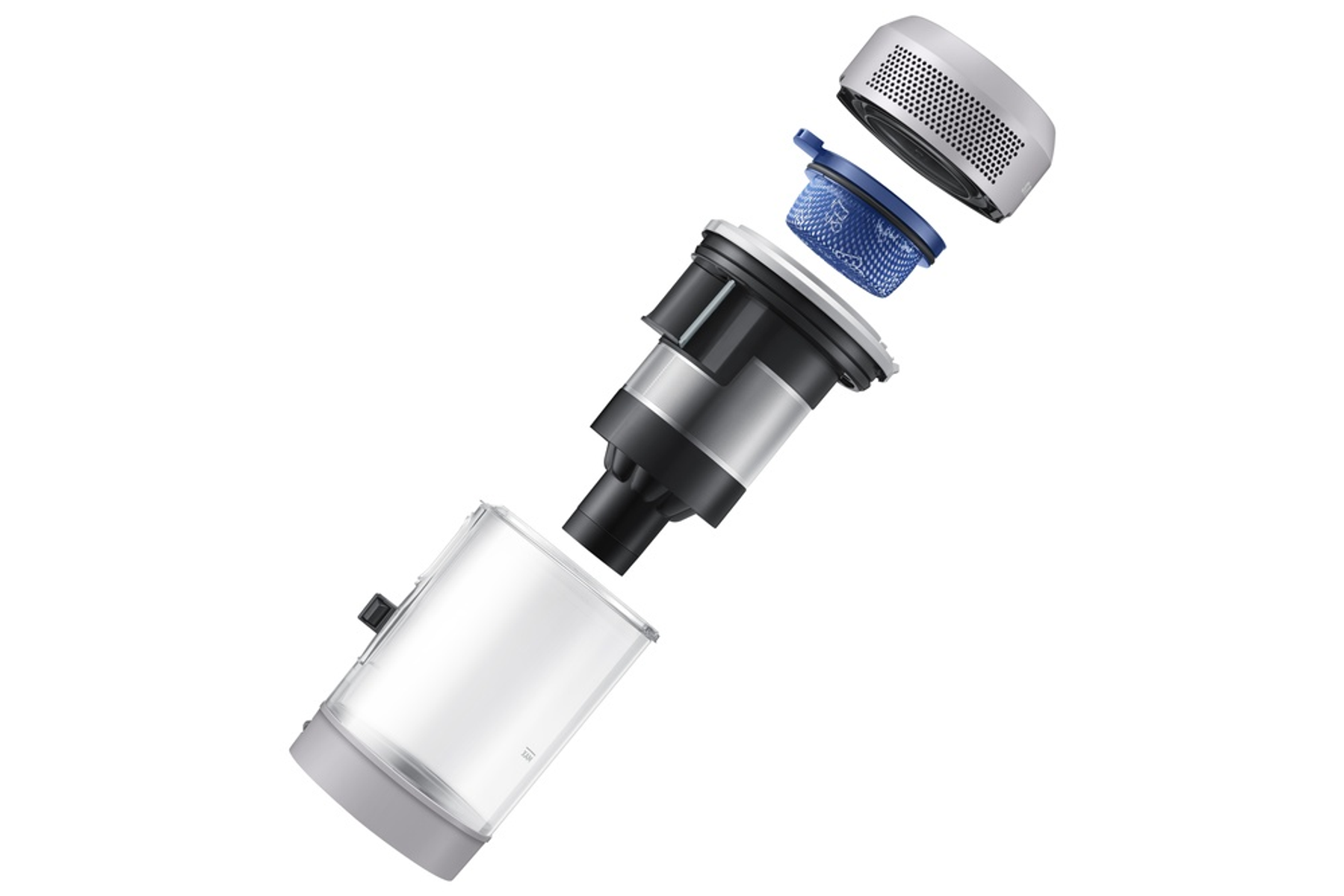 Widok rozłożony na części składowe odkurzacza, w tym pojemnik na kurz, filtr i inne elementy, odizolowane.