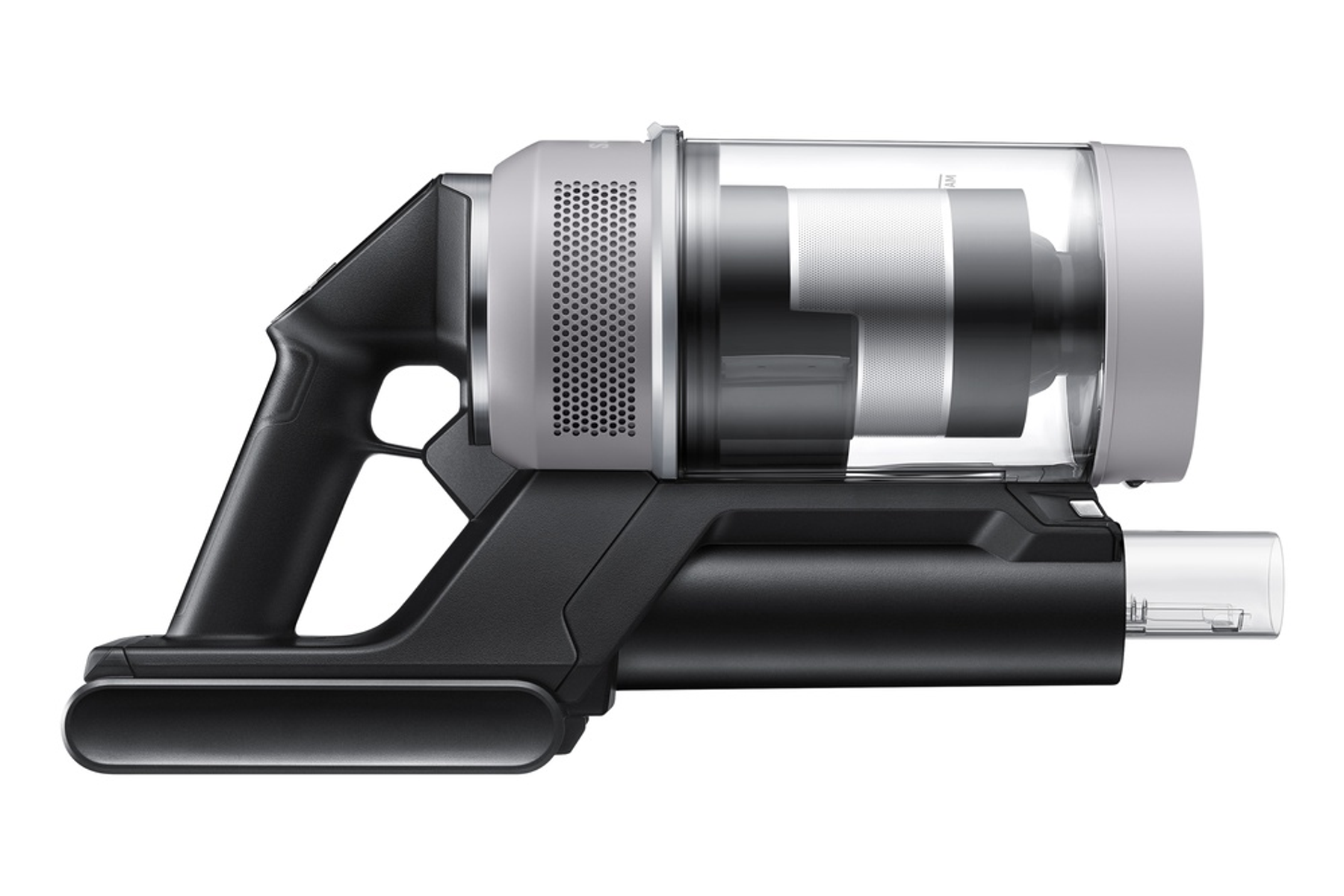 Czarny i szary odkurzacz ręczny Samsung, z przezroczystym pojemnikiem na kurz i czarnym uchwytem.