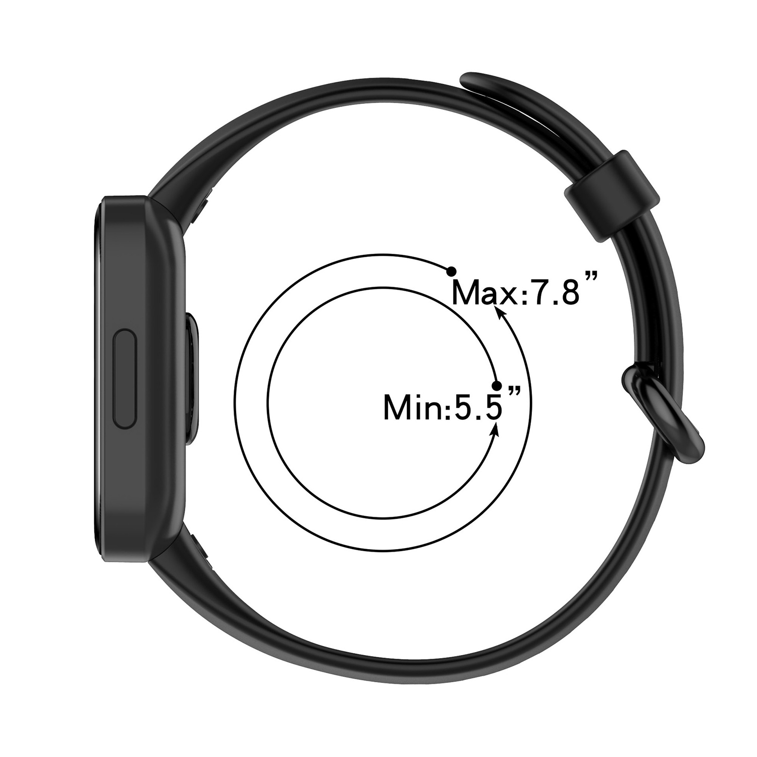 Schwarze Smartwatch-Profilansicht mit Armband. Text zeigt einen kreisförmigen Größenbereich von 5,5" bis 7,8" für das Handgelenk.