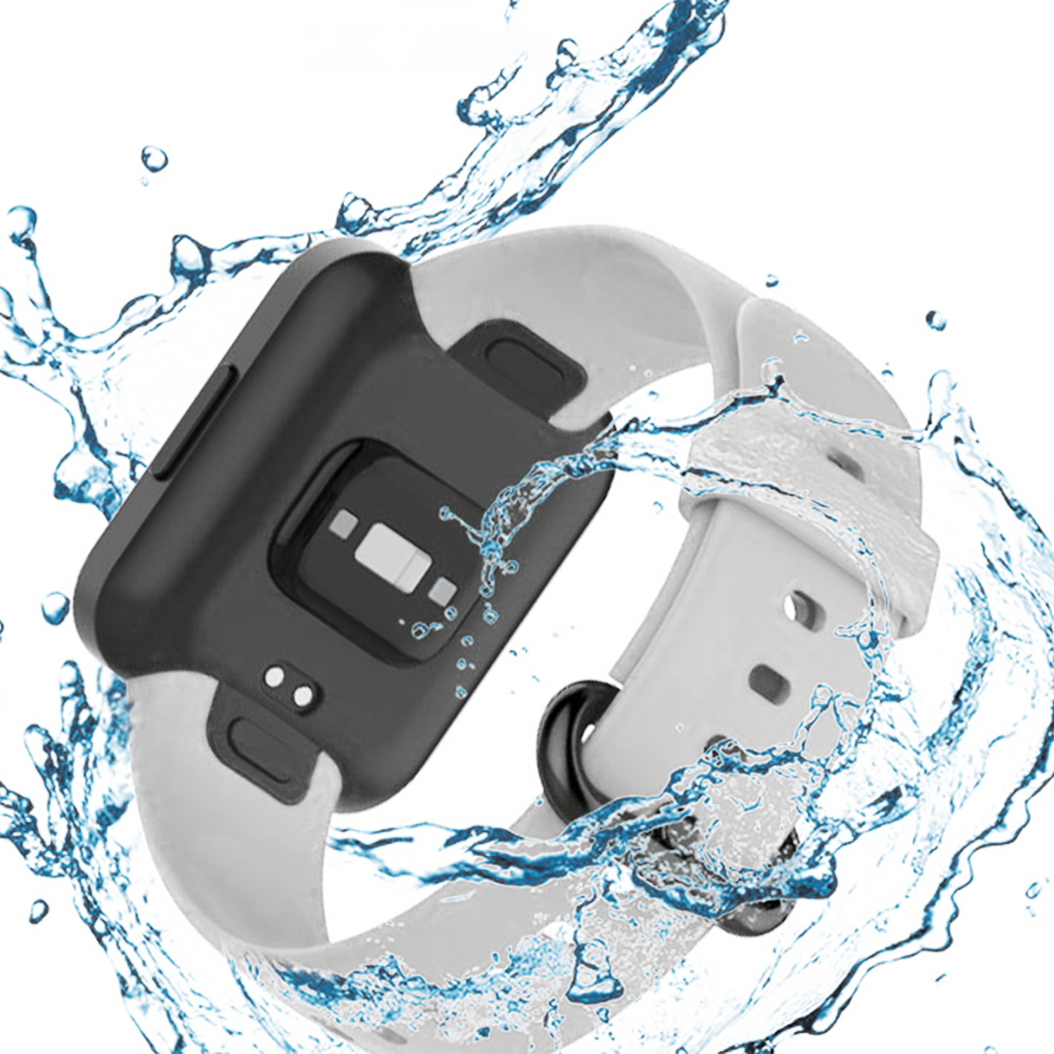 Eine weiße und schwarze Smartwatch mit Wasserspritzern. Es ist eine Nahaufnahme.