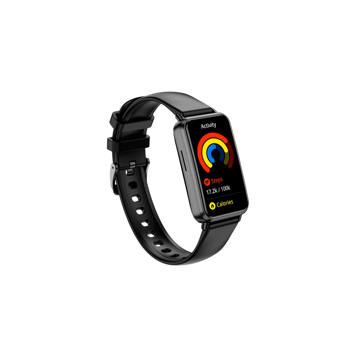 Smartwatch nero con statistiche attività. Cinturino nero, sfondo bianco.