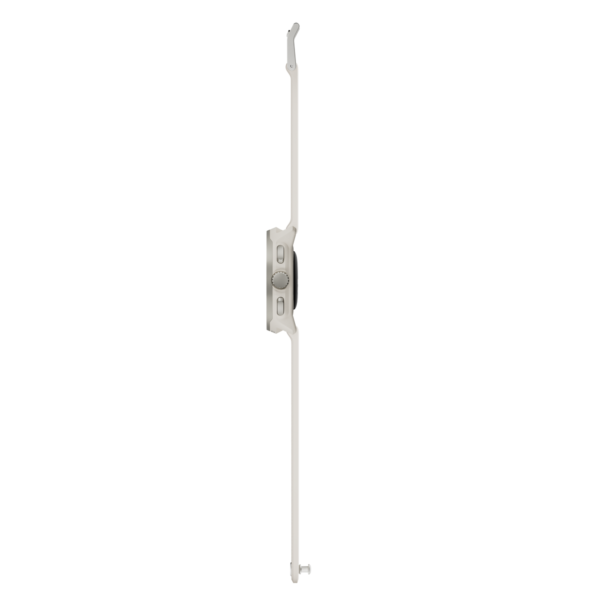 Widok z boku srebrnego zegarka, ze srebrnym paskiem. Czarne tło. Brak szczegółów na tarczy.