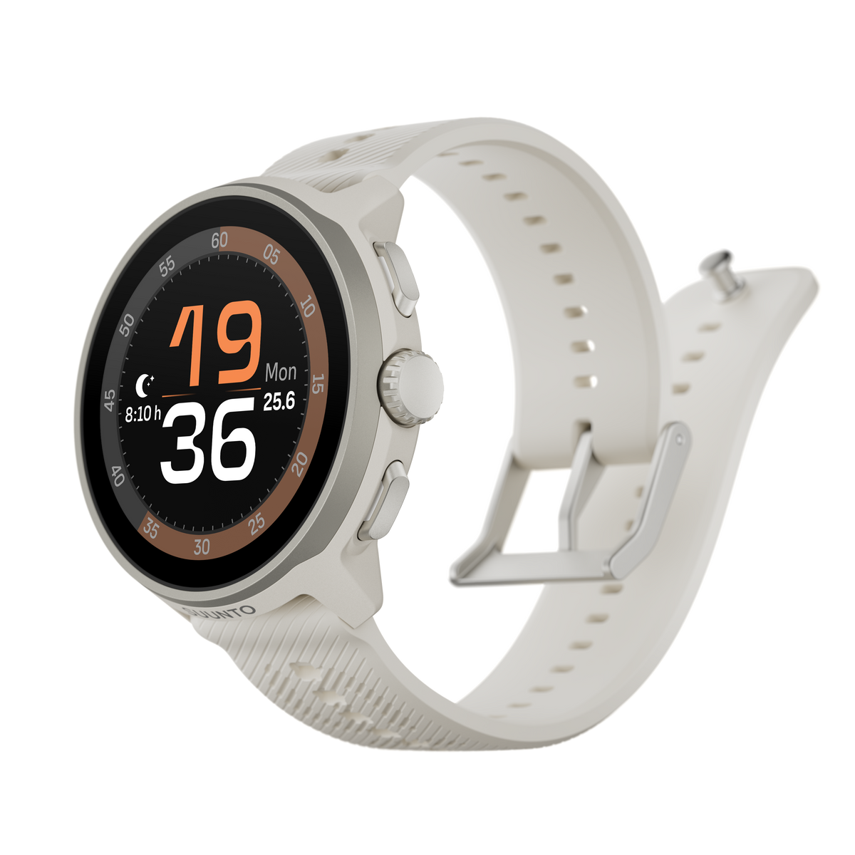 Smartwatch Suunto z białym paskiem. Zegarek wyświetla godzinę i datę z pierścieniem wokół ekranu.