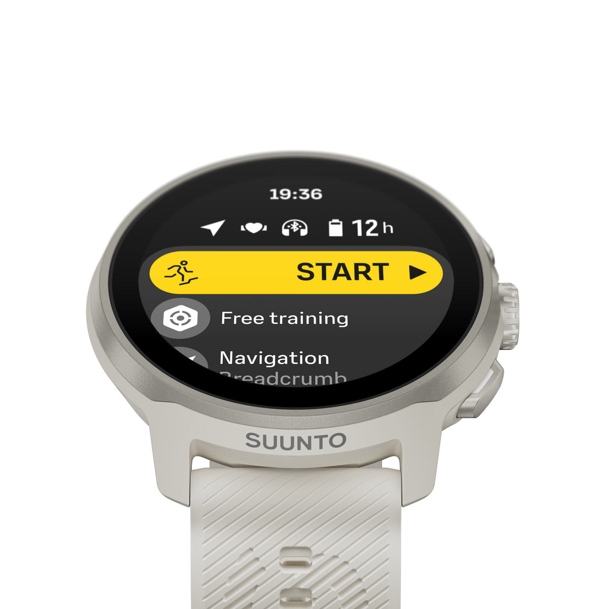 Smartwatch Suunto z białym paskiem wyświetla czarny ekran. Pokazuje czas i opcje uruchomienia aktywności.