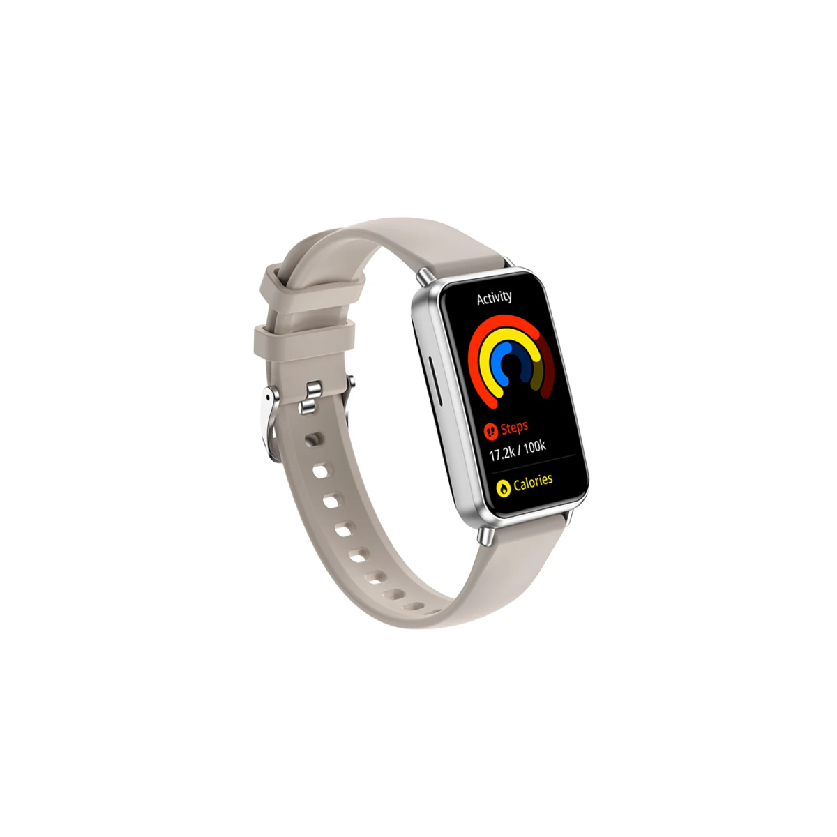 Uno smartwatch con cinturino beige mostra i dati dell'attività, inclusi passi e calorie. Lo schermo è nero con grafica colorata.